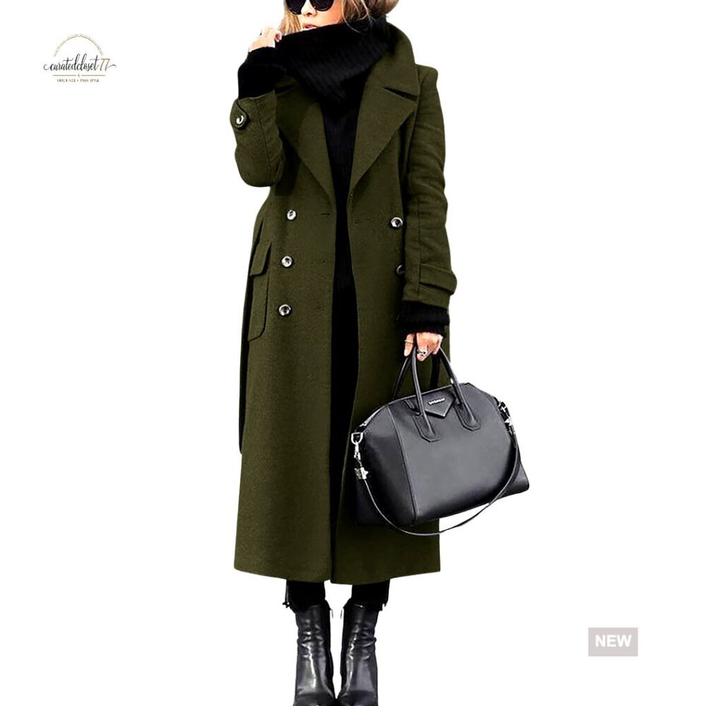 Women's Winter Wool Pea Coat Double Breasted Belted Midi Overcoat